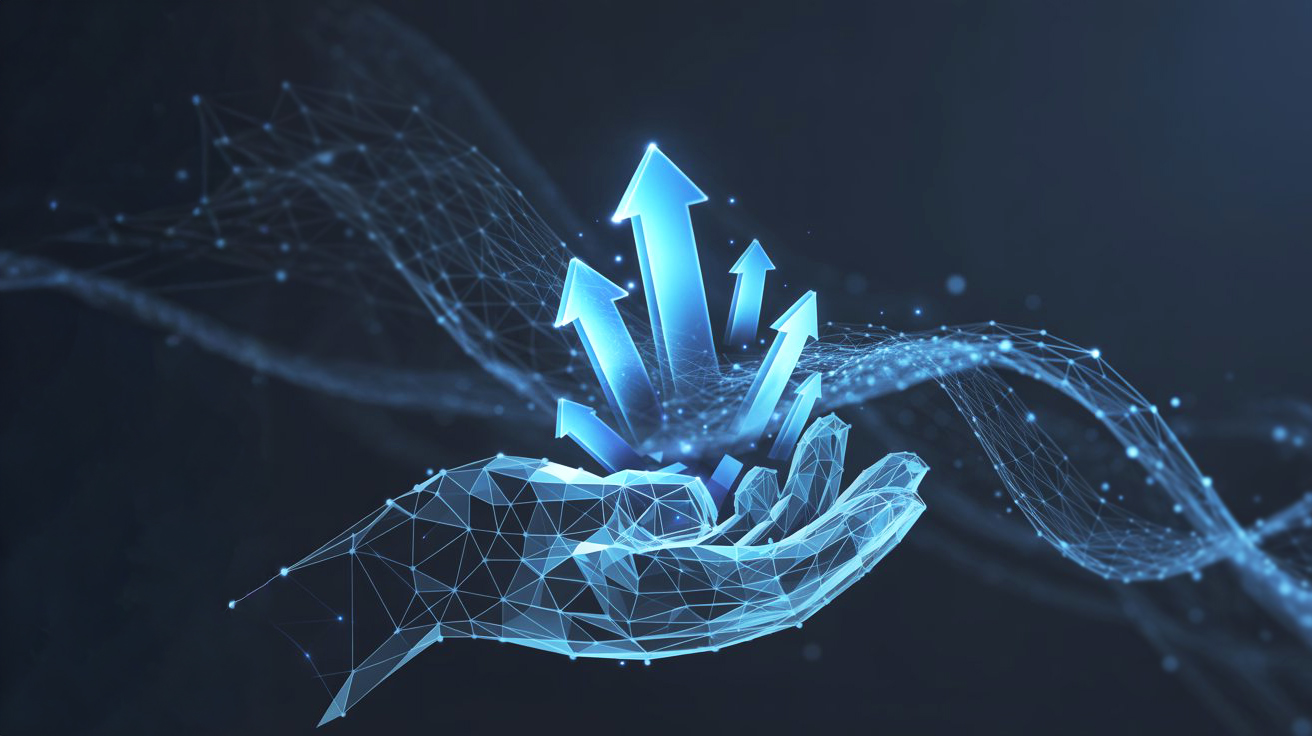 Top 8 Benefits of Using a Crypto Launchpad for Token Launches, illustrated by a digital hand lifting upward arrows symbolizing growth, funding, and successful token launches.